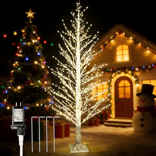 6FT White LED Birch Tree with 1300 Lights, Xmas & Indoor Outdoor Decor