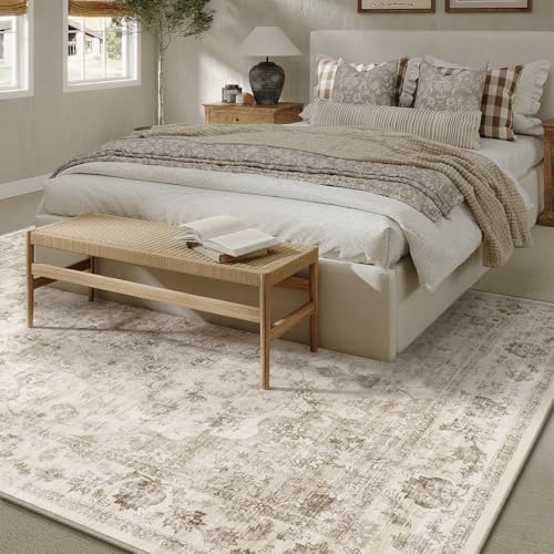7x9 Beige Low Pile Area Rug - Neutral Vintage Floral Design, Machine Washable
