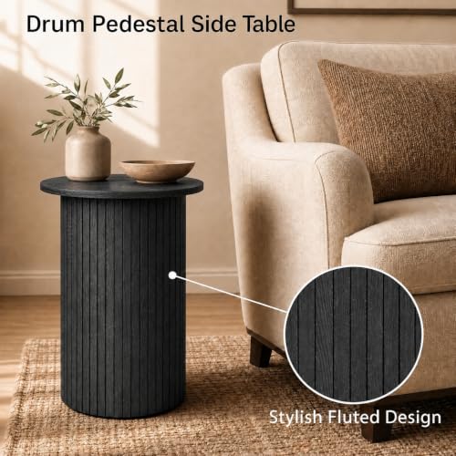 GIANTEX Black Round Fluted Side Table Set of 2 - Modern Pedestal End Tables