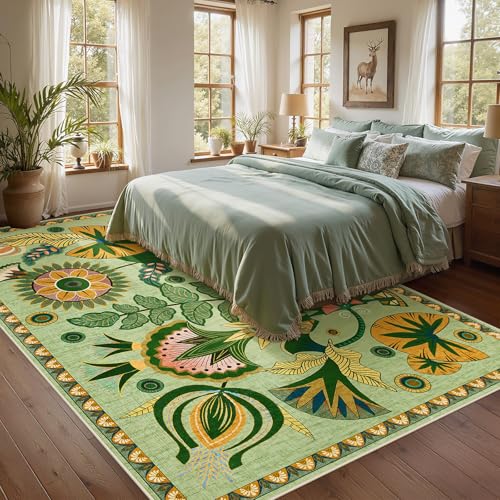Joydeco 8x10 Sage Green Floral Boho Washable Area Rug for Living Room & Bedroom