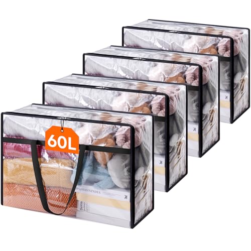 60L Clear Clothes Storage Bags - Foldable Garment & Blanket Organizer - Heavy-Duty PVC, Transparent, Reinforced Handles - Lifewit 4 Pack