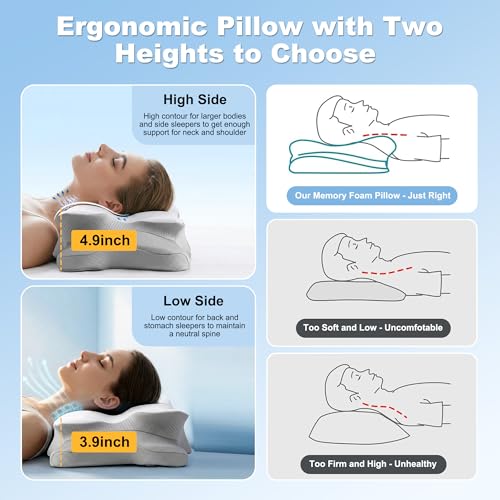 VYLEE Grey Cervical Neck Pillow for Pain Relief & Support, Memory Foam, Ergonomic & Cooling
