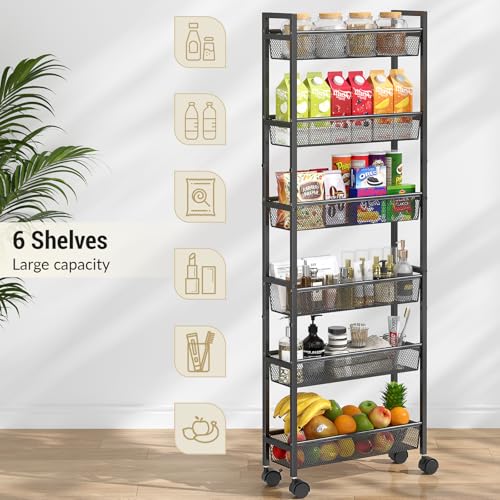 ThreeHio Black 6-Inch Wide 6-Tier Slim Metal Storage Cart with Wheels
