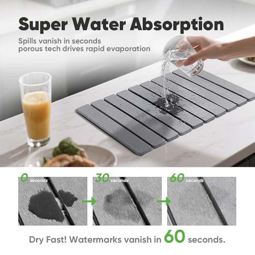 Favorking Light Grey Stone Drying Mat 24x16 Inches - Quick Absorbent, Collapsible Countertop Dish Mat
