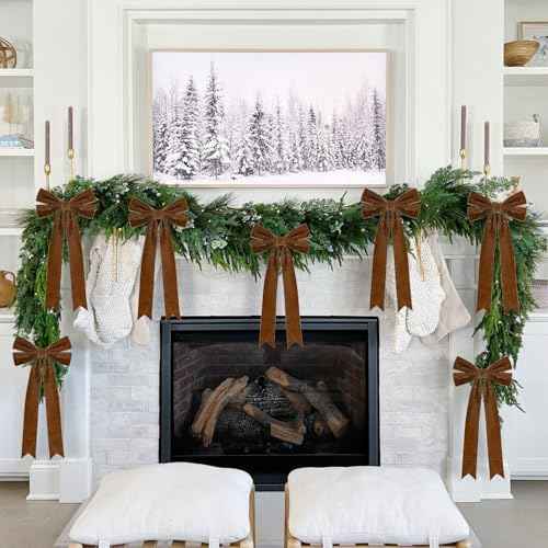 4Pcs Velvet Ribbon Bows 7.9 x 12.6 Inch Large Christmas Tree Bow with Long Tail for Gift Wrapping, Wreath, Garland, Fireplace,Staircase, Door, Window, Wedding Home Decoration (4, Brown)