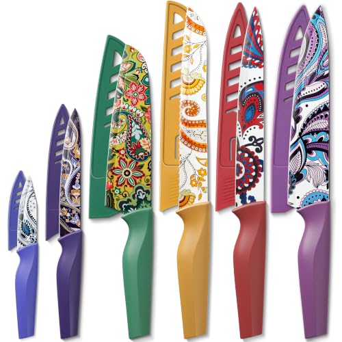 Astercook Paisley Pattern Kitchen Knife Set with Cover - 12-Piece