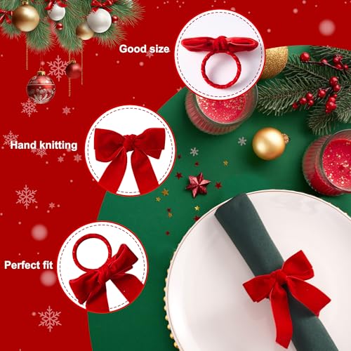 Christmas Red Velvet Bow Napkin Rings Set of 6 for Table Decorations