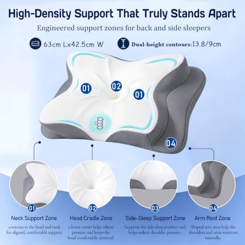 Tsomfeh Grey Cervical Neck Pillow for Support, Pain Relief & Cooling