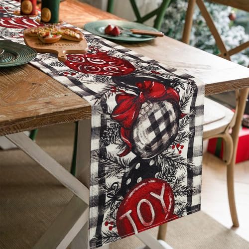White and Black Buffalo Plaid Christmas Table Runner,Christmas Balls Joy Pine Branch Seasonal Winter Kitchen Tabletop Runner for Indoor Outdoor Dining Table Decoration13x72 Inch