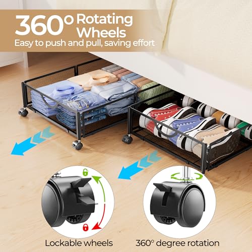 Under Bed Storage with Wheels - 2 Pack Black Shoe & Clothes Organizers