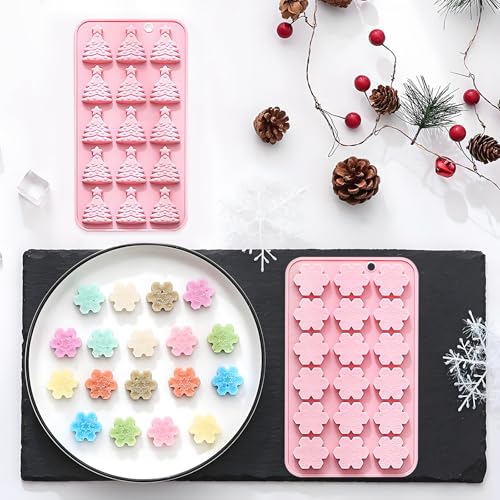 Pink Christmas Silicone Candy Molds 4-Pack Snowflake & Tree Design QY250
