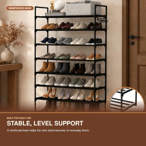 8-Tier Metal Shoe Rack with Hooks - Black, Multi-Use Closet Organizer