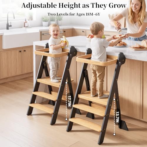 COSYLAND Foldable Toddler Kitchen Stool Adjustable Height with Safety Net & Feet - Wooden & Black, For Kids 18M-6Y