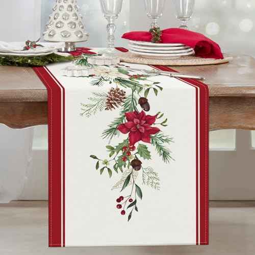 Bonhause Christmas Poinsettia Table Runner 13x72 Inch Red Floral Pine Branch Seasonal Winter Holiday Kitchen Dining Table Decoration for Indoor Outdoor Home Party Decor