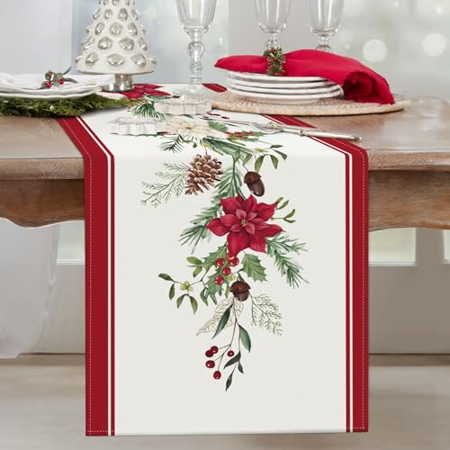Bonhause Christmas Poinsettia Table Runner 13x72 Inch Red Floral Pine