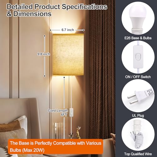 Beige Plug-in Wall Sconces Set of 2 with On/Off Switch & Adjustable Color Temperature