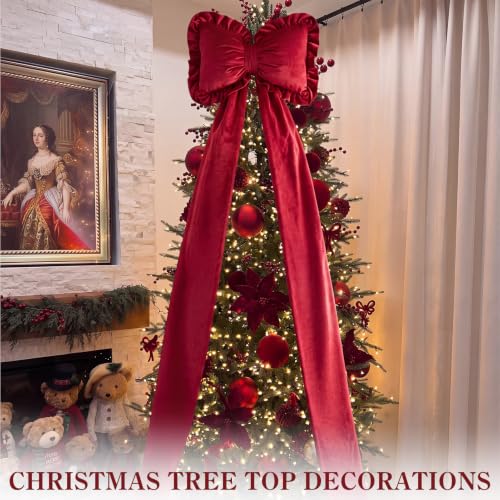 71x14'' Velvet Giant Pillow Christmas Tree Topper Bow, Burgundy Red