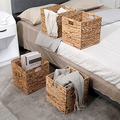 12x12 Inch Water Hyacinth Storage Baskets - 4 Pack Foldable Cubes for Home Organization