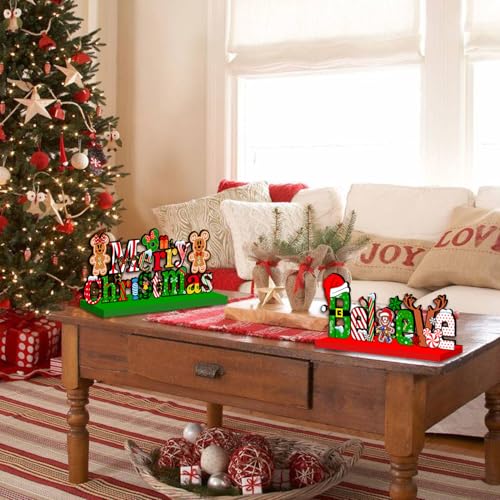 Christmas Decorations Table Centerpiece 4pcs Gingerbread Christmas Party Decorations Wooden Signs Merry Christmas Table Topper Signs Photo Prop for Xmas Holidays Tiered Tray Decor