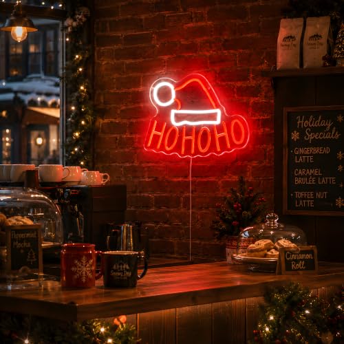 HOHOHO Christmas Neon Sign with Santa Hat - USB Powered LED Wall Decor