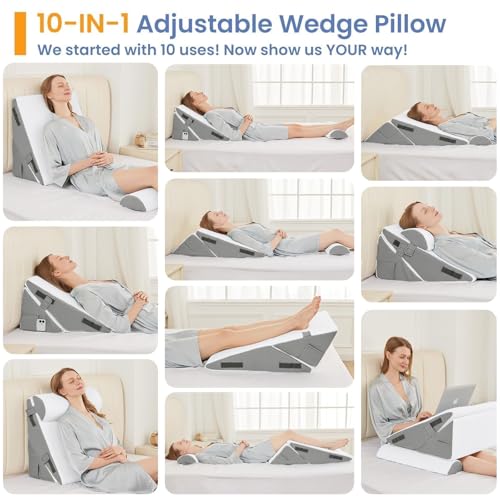 Sasttie Adjustable Wedge Pillow Set for Post-Surgery Support - Dark Grey & White, 9/12 Inch, Includes Head Pillow