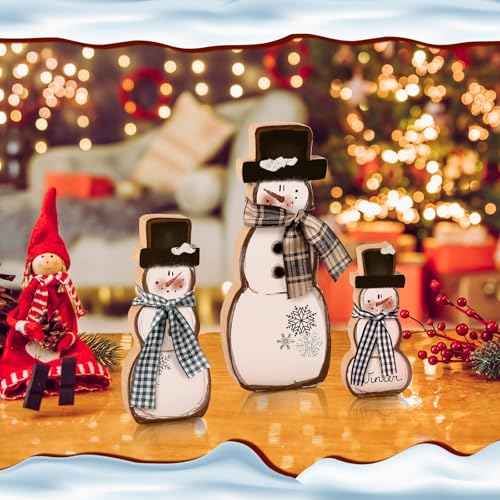 Suzile 3 Pcs Christmas Snowman Table Decorations Winter Wooden Snowman Centerpiece Block Signs Tiered Tray Desktop Figurine for Indoor Fireplace Mantel Home Decor Holiday Xmas Party Supplies