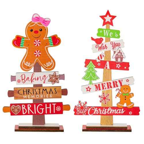 2Pcs Wooden Christmas Centerpiece Signs, Wooden Gnome Table Decorations Signs, Merry Christmas Table Toppers, Centerpiece Decorations for Holiday Home Party Indoor Decor (Gingerbread)