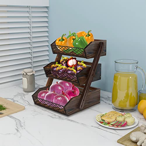 Dorhors 3-Tier Fruit Basket for Kitchen Counter Organizer, Metal Mesh & Wood Stand