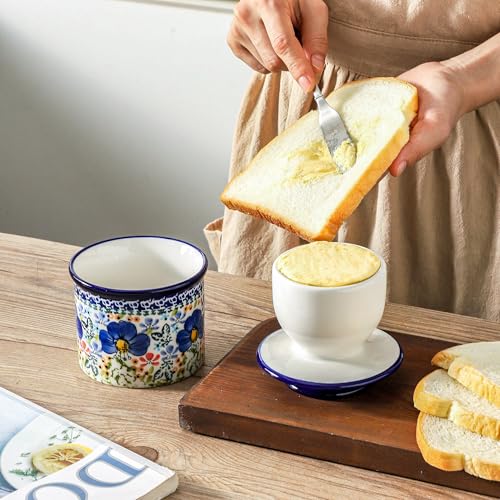 Blue Lily Ceramic Butter Crock with Lid - French Style Countertop Butter Keeper