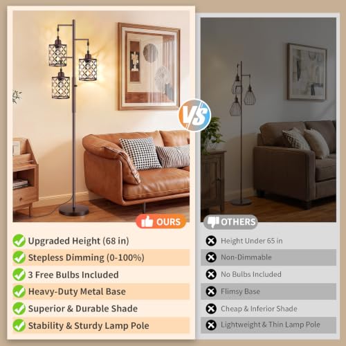 GHOOCEMLUX Oil-Rubbed Bronze 68-Inch Dimmable Farmhouse Floor Lamp with Quatrefoil Shades