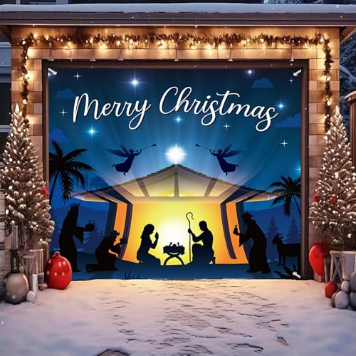 Nativity Garage Door Cover 7x9 Ft - Christmas Banner for Single Car Door, Magnetic