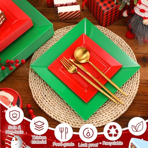 Maxcheck Christmas Disposable Square Plates Set 80 pcs, Red & Green Holiday Dinnerware