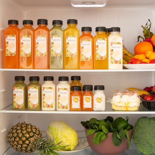 TOMNK 100 Pack 16 Oz Plastic Juice Bottles with Caps, Labels & Brush - Reusable Beverage Bottles