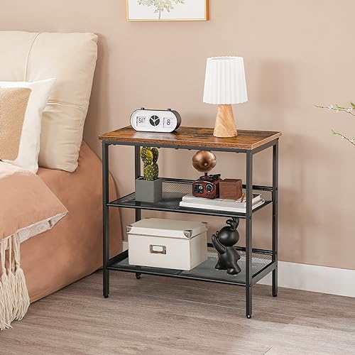 HOOBRO Rustic Brown & Black 3-Tier Narrow End Table with Adjustable Shelves