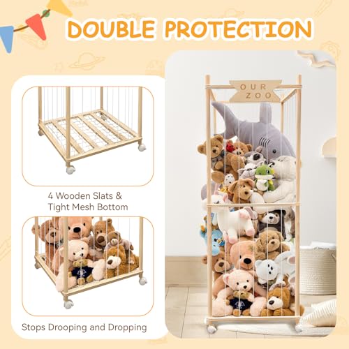 Megapuxin Pine Wood Stuffed Animal Storage Zoo on Wheels - Large Toy Organizer for Nursery & Playroom
