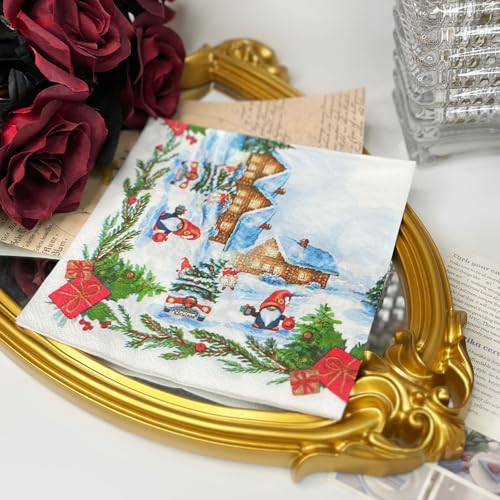 WRAPAHOLIC 25-Pack Christmas Paper Napkins with Gnome & Snow House Design, 6.5 x 6.5 Inch, 2-Ply - Red Gingerbread House Variant