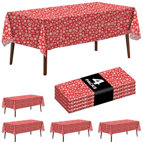 CXPSINC 4 Pack Disposable Christmas Snowflake Tablecloths 54 x 108 Inches - Red Holiday Party Cover