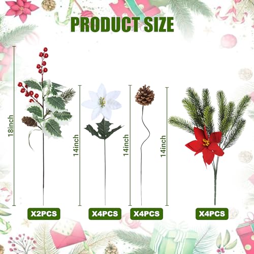 Christmas Artificial Flower Bouquets 14'' Poinsettia Holly Pinecones Red & White
