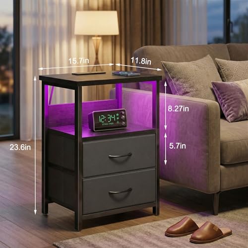 Fixwal Black Nightstands Set of 2 with LED RGB Lighting, Charging Station, 15.7 x 11.8 x 23.6 inches
