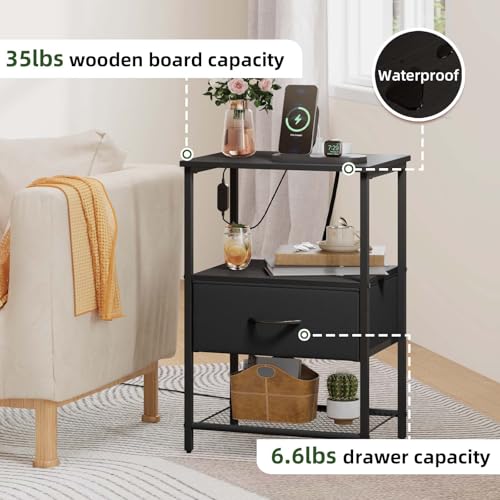Nightstand Set of 2 with Charging Station & LED Light - Black, 11.8 x 15.7 x 23.4 inches, 1 Drawer