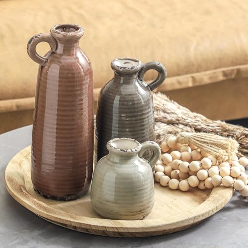Ooit Brown Ceramic Vase Set of 3 Rustic Farmhouse Home Decor with Handles