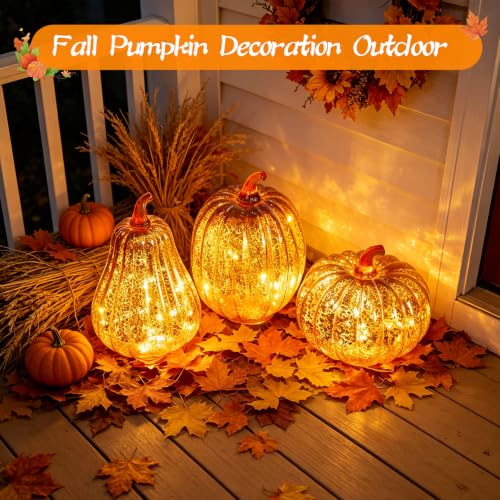 Mercury Glass Pumpkin Light Set - Orange Fall Halloween Decor, 3PCS