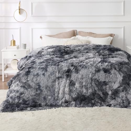 Bedsure Faux Fur Fluffy Sherpa King Bed Blanket Tie Dye Grey 108x90