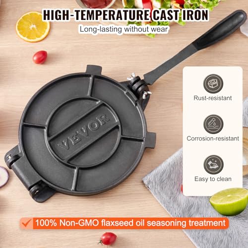 10-Inch Cast Iron Tortilla Press for Flour & Roti Making - Heavy Duty, Pre-Seasoned, Includes Parchment Paper