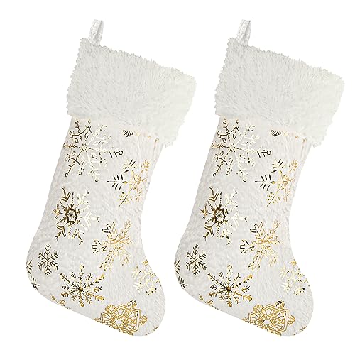 2 Large Christmas Stockings 17 x 10 Inches, Christmas Fireplace Hanging Stockings, Faux Fur Christmas Stockings Plush Velvet, Fireplace Stockings with Embroidered Golden Snowflake for Christmas Decor