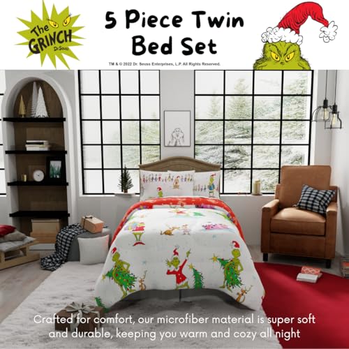Franco Grinch Holiday Twin Bedding Set with Reversible Comforter, Sheets & Shams - White & Red