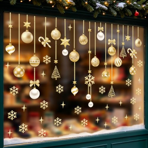 SHUCHING Gold Christmas Ball Window Cling Sticker - Reusable Holiday Glass Decor