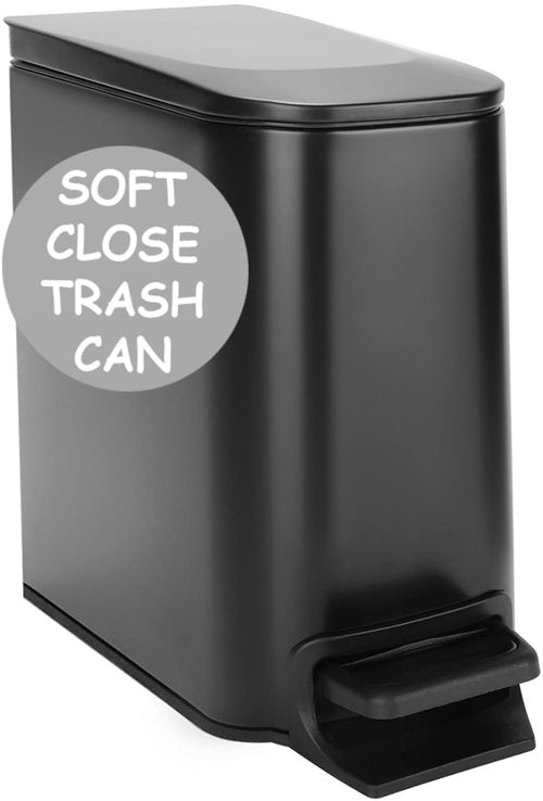 Homie Slim Trash Can - 6 Liter Soft Close Design with Anti-Bag Slip Liner | Matte Black for Bathroom, Kitchen, or Bedroom