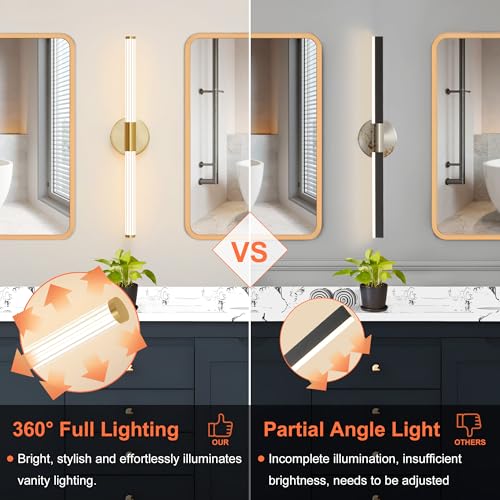 Gold Wall Sconces Set of Two - 23 Inch Hardwired LED Vanity Lights - Modern Bathroom Lighting - Variation: Gold / 23 Inch
