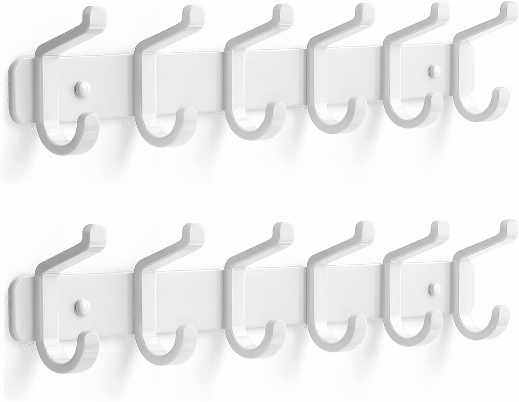 Pickpiff Coat Rack - Heavy-Duty Wall-Mounted Metal Hanger with 6 Hooks for Hats, Clothes & More | White, 2 Pack